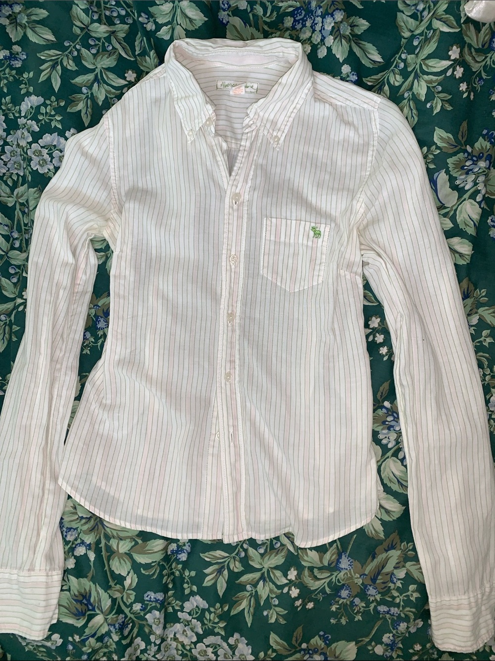 Vintage Abercrombie Y2K Pink White Green Striped Moose 🫎 Logo Shirt